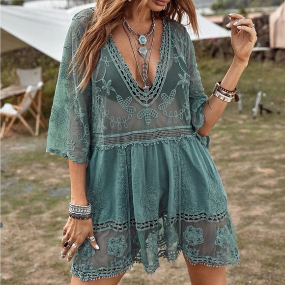 Boho floral embroidered beach cover up - Picture 1 of 6